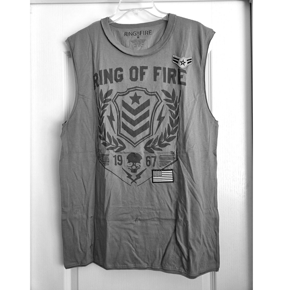 Ring‎ of Fire Mens Graphic Muscle Tank Top Olive Green Skull Military Patch Sz M